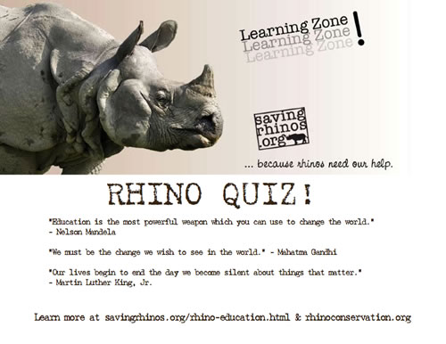 Rhino Quiz available online or print version from Saving Rhinos Learning Zone.
