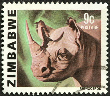 Zimbabwe rhino stamp for article about Zimbabwe government trading rhino horns for Chinese weapons.