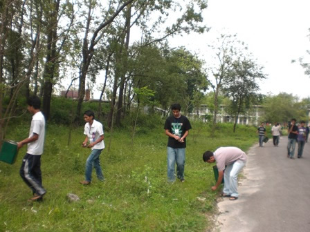 Students cleaning up around Institute of Forestry campus in Pokhara